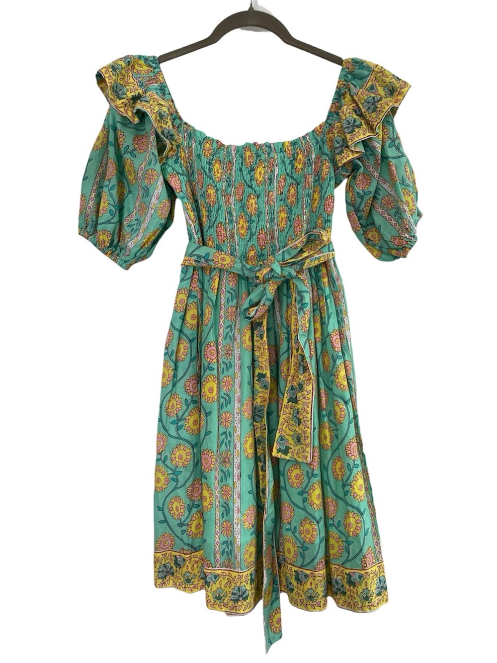 Victoria Dunn Lottie Dress in Sorbet Green Yellow Floral Size Small
